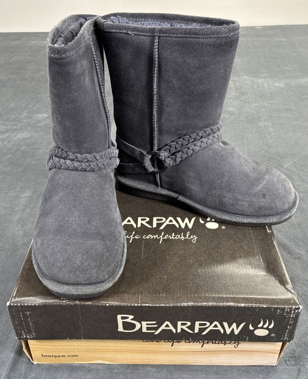 BEARPAW Adele Braided Harness Suede Short Boot 8M EU 39 Grey Pull On Mid Calf